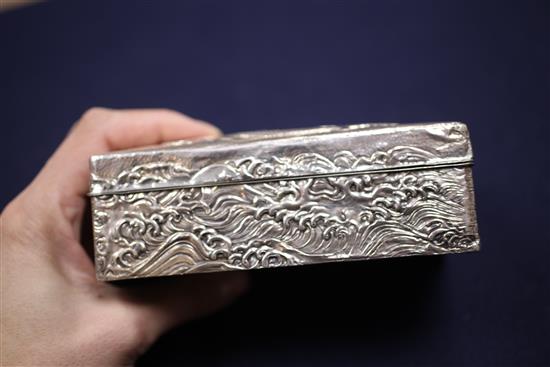 An early 20th century Japanese silver mounted hardwood cigarette box, 5.5in.